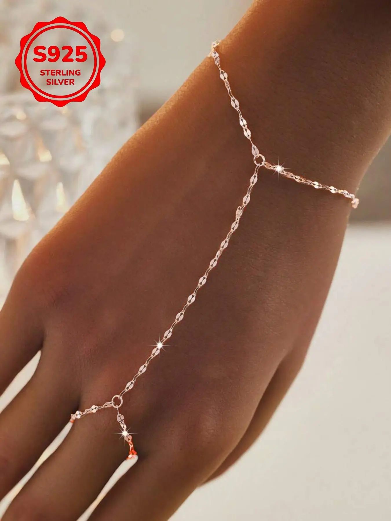 Elegant S925 Silver Chain Link Style Bracelet with Ring for Women, Sparkling Versatile Party Jewelry, Perfect Birthday Gift