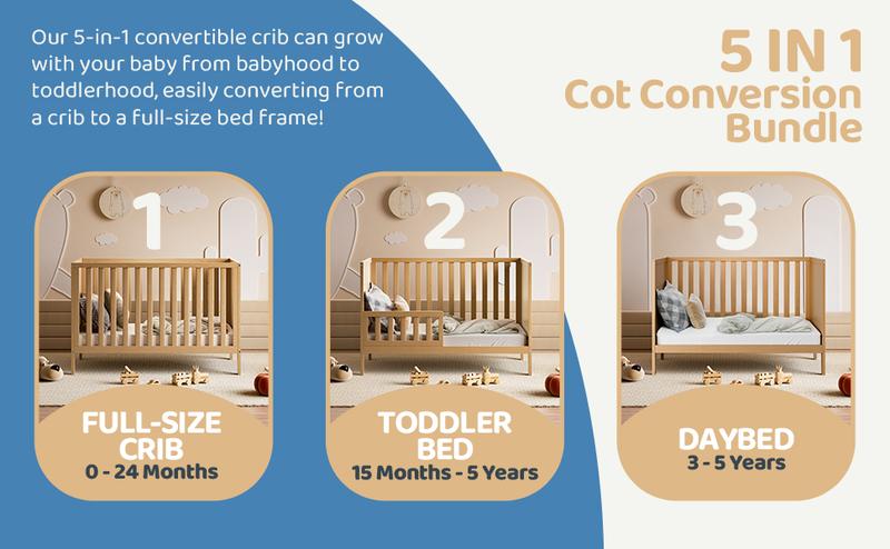 HARPPA 5-in-1 Wooden Convertible Crib, Converts to Toddler Bed, Daybed, Sofa & Full-Size Bed, 3 Adjustable Heights, Non-Toxic Finish Sustainable Nature Pinewood
