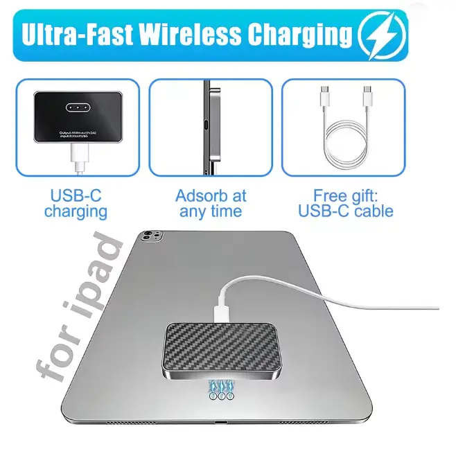 Magnetic Wireless Charger for iPad Pro 11 (1st/2nd/3rd/4th) & iPad Air 11 (M2/M3) & iPad Air 10.9 (4th/5th), 18W Fast Charging Smart Connector Alloy Wireless Charging Pad with USB-C Cord Cable
