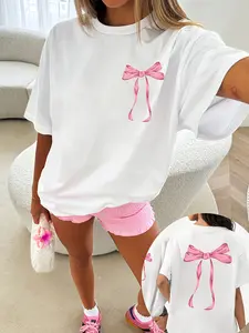 A Short-Sleeved T-Shirt with a Front And Back Print Featuring a Pink Bow Pattern, Designed for Summer/Spring. This Women'S Top Is Loose, Sexy, Sweet, And Cute, Showcasing a Stylish And Minimalist Design