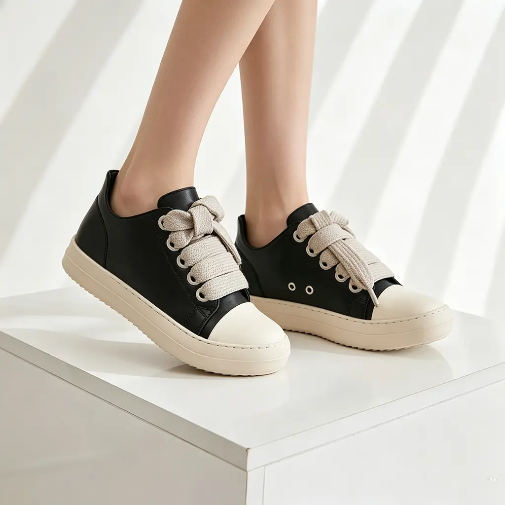Men's PU Leather Casual Trainers - Niche Retro Thick-Soled Footwear with Round Toe and Thick Shoelaces, Athletic
