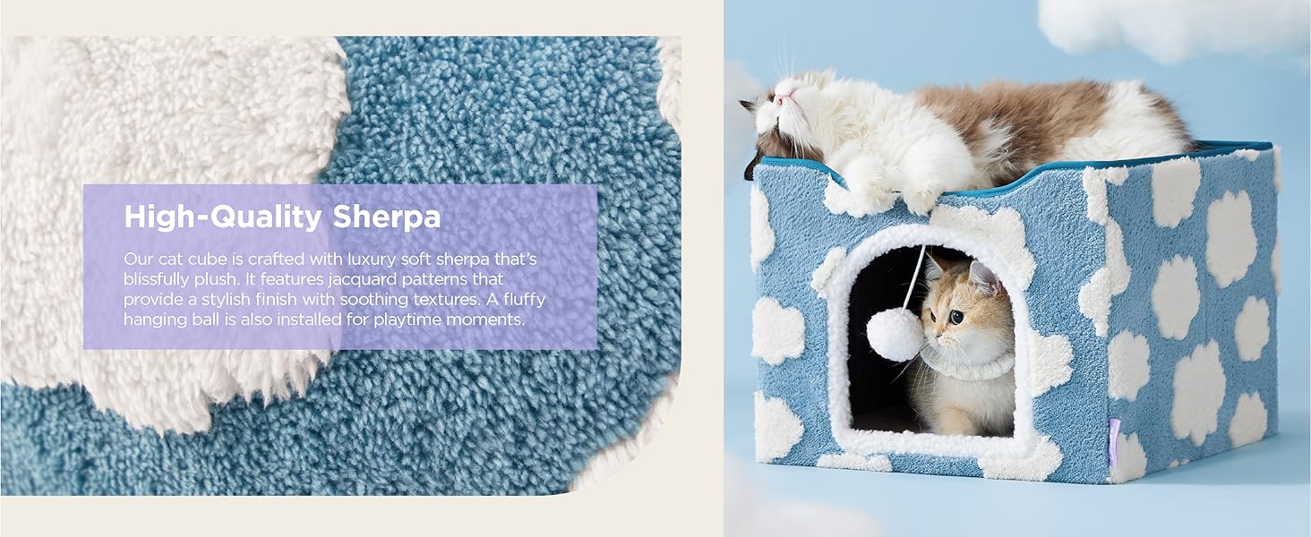 Lesure Indoor Cat Beds Kitten House - Large Cat Cave for Pet Cube with Fluffy Ball Hanging, Foldable Small Animal Hideaway, 16.5x16.5x13 inches,