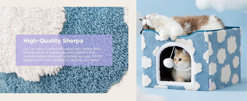 Lesure Indoor Cat Beds Kitten House - Large Cat Cave for Pet Cube with Fluffy Ball Hanging, Foldable Small Animal Hideaway, 16.5x16.5x13 inches,