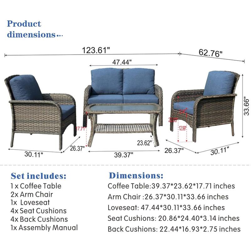 Ovios Outdoor Furniture 4-Piece High Back Grey Wicker with Cushion and Table