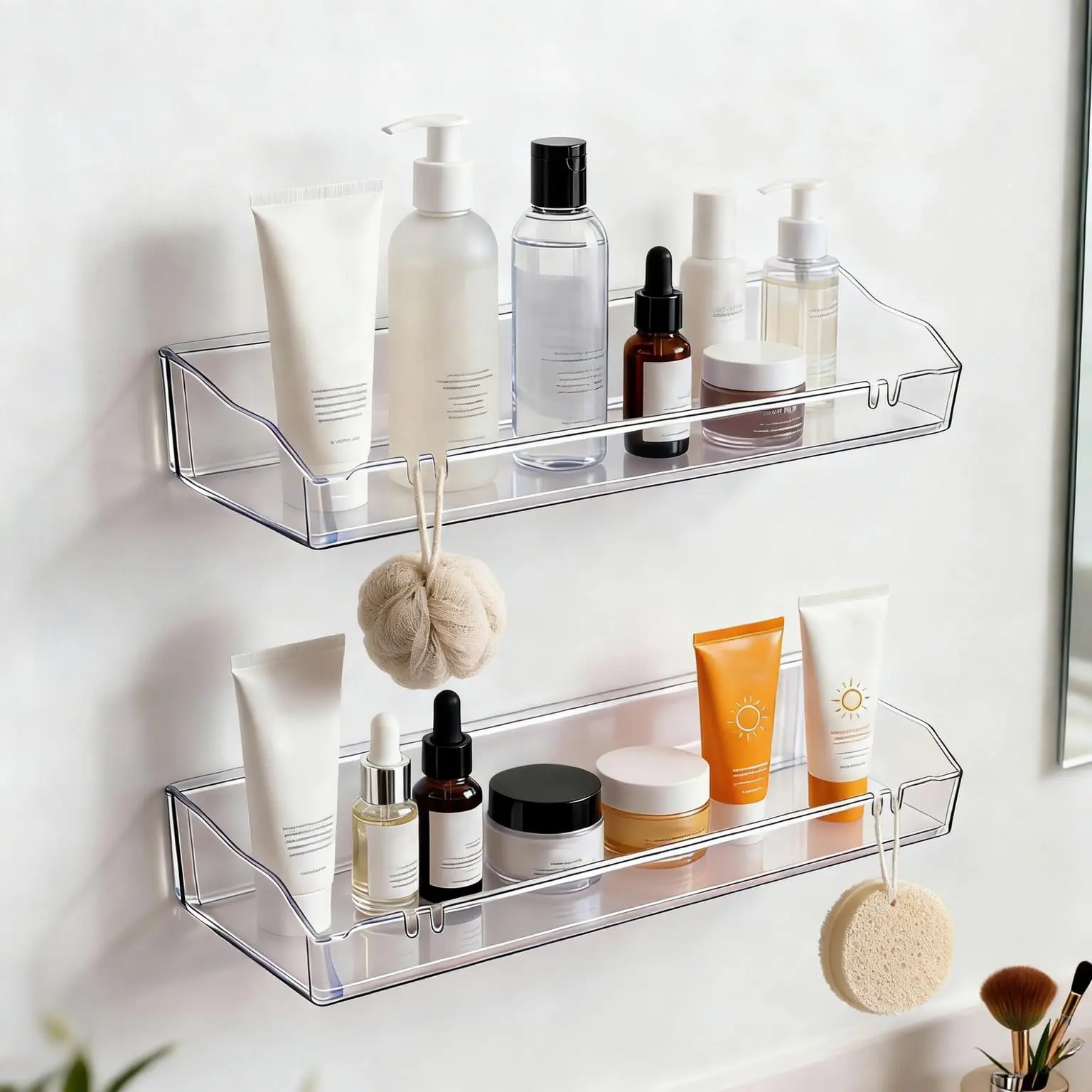 2 Transparent Acrylic-PVC Waterproof Wall Floating Shelves Set, Minimalist Bathroom Storage Rack with Adhesive Tape or Screw Wall Mount, Hanging Shelf for Home Bathroom Organization Decor, Bathroom Accessory