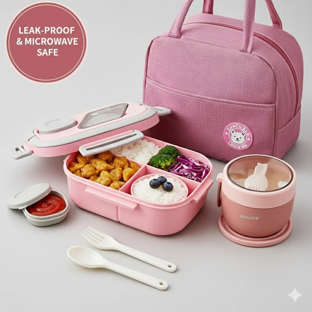 2-layer multi-compartment lunch box set: lunch box + cup + bag. Lunch set with cutlery and sauce box. Microwave safe, suitable for school, work, outdoor lunch box Bpa Free Plastic lunch box Microwavable Bento Box