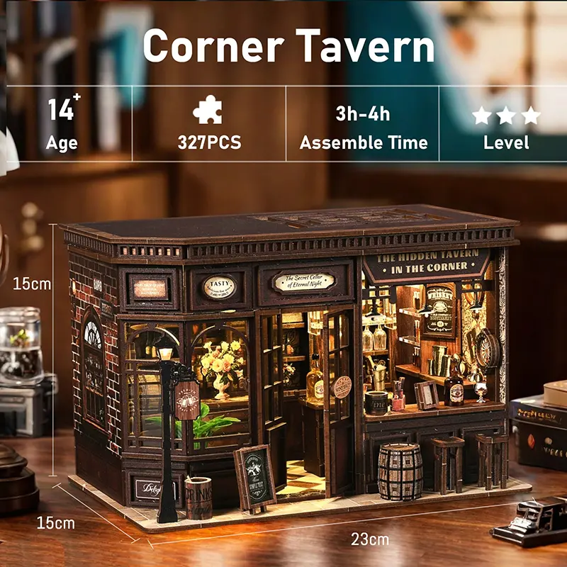 DIY Bistro 3D Wooden Puzzle Construction Set, Miniature House Book Nook, Bookshelf Decoration, Home Decor Gift for Adults