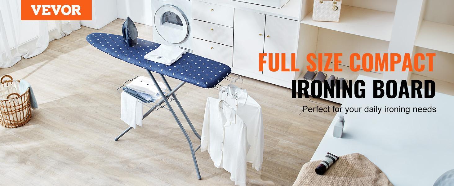 VEVOR Ironing Board with Bottom Storage Tray, Thickened 4 Layers Iron Board with Heat Resistant Cover and 100% Cotton Cover, 10 Adjustable Heights Ironing Board for Home Laundry Room Use (Size 55x15)