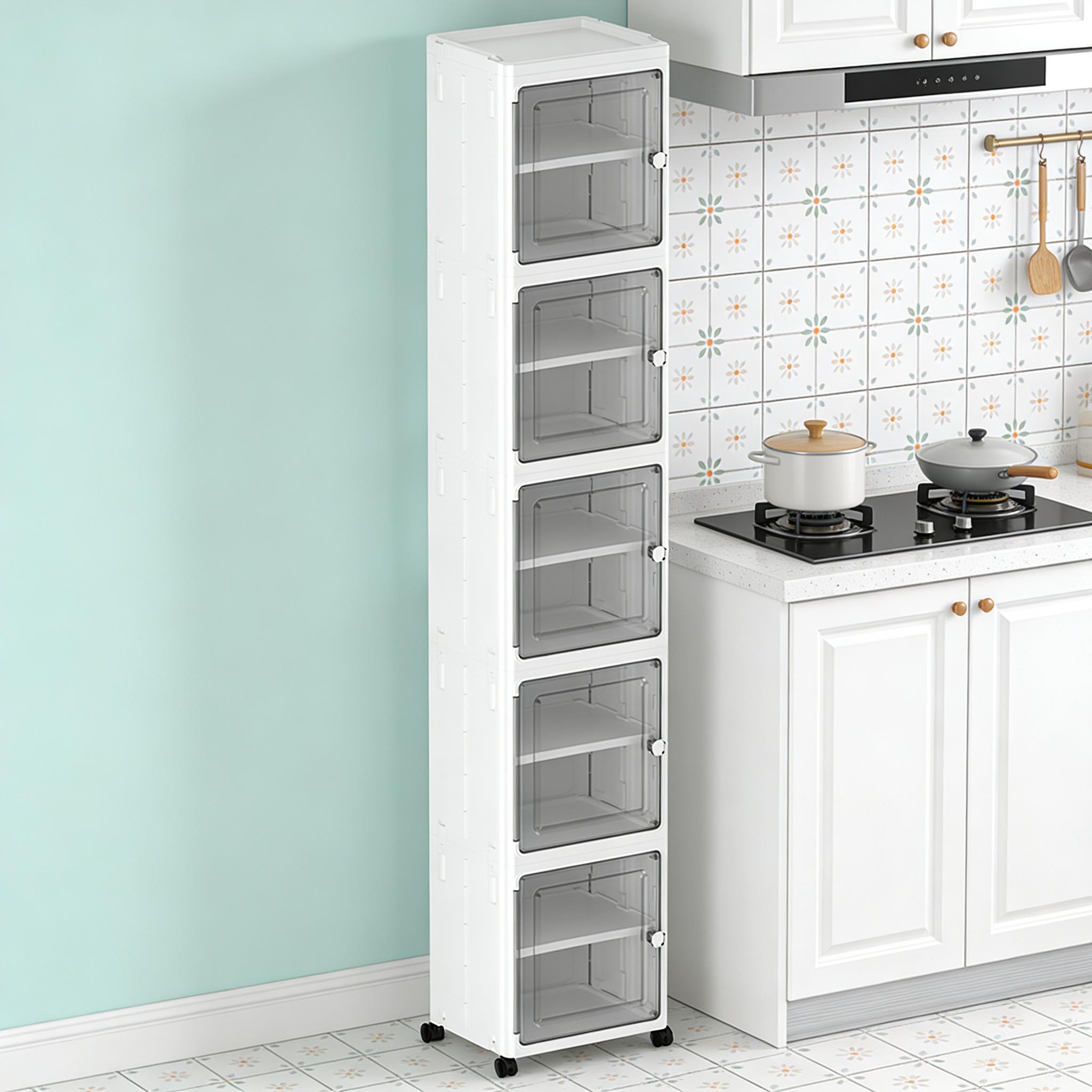 5-Tier Plastic Storage Bins with Lids Stackable Containers with Wheels Folding Boxes Collapsible for Living Room Office Dorm White 157cm