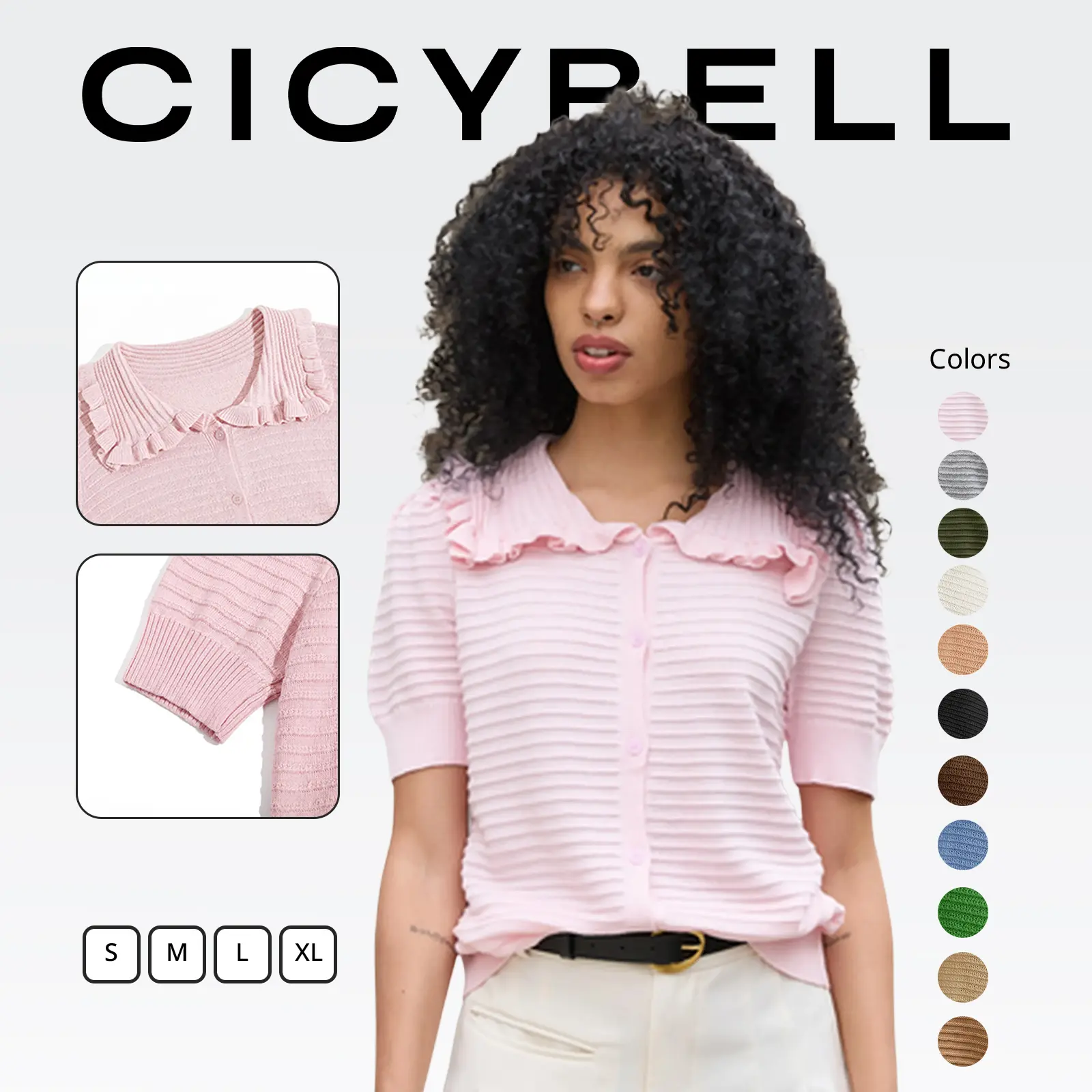 Cicy Bell Womens Ruffle Cardigan Sweater Puff Short Sleeve Button Up Eyelet Tops Ribbed Knit Peter Pan Collar Cardigans