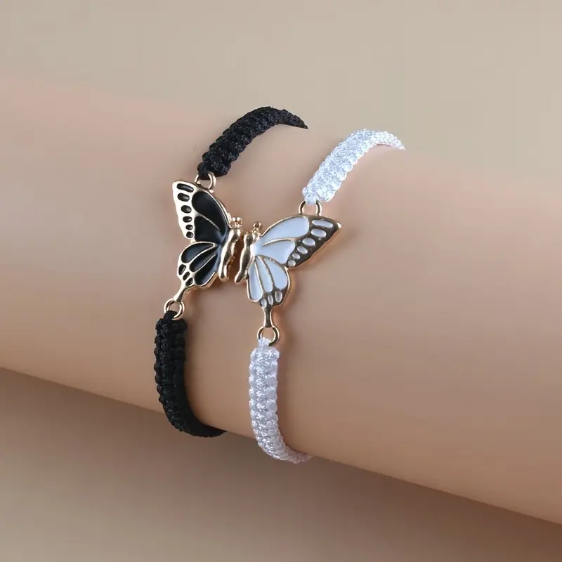 Viral Trend Coquette Boho Friendship Matching Couple Bracelet Set, Handmade Wax Cord Butterfly Charm Adjustable Nickel-Free Durable Braided Rope, Lightweight All-Match Jewelry for Daily Wear, BFF Gift, Birthday & Anniversary