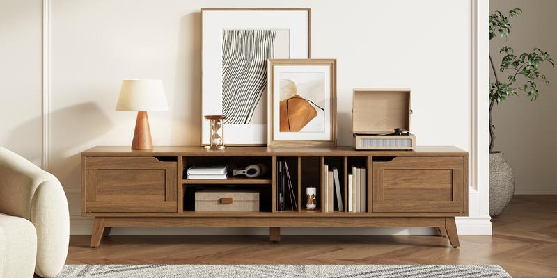 HOOBRO Modern TV Stand for TVs Up to 75 inches, Entertainment Center with 2 Cabinets, Open Compartments, 5 Adjustable Feet, Mid Century TV Console Table, for Living Room, Bedroom, Walnut