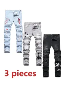 Men's 3 Pack Ripped Jeans, Blue Grey Black Casual Street Style Denim Pants Streetwear, Breathable Comfy Fall Wear Trousers, Sizes 28-38 Mens Fashion Outfit Menswear