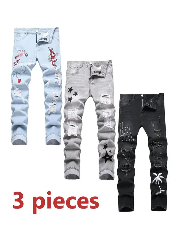 Men's 3 Pack Ripped Jeans, Blue Grey Black Casual Street Style Denim Pants Streetwear, Breathable Comfy Fall Wear Trousers, Sizes 28-38 Mens Fashion Outfit Menswear