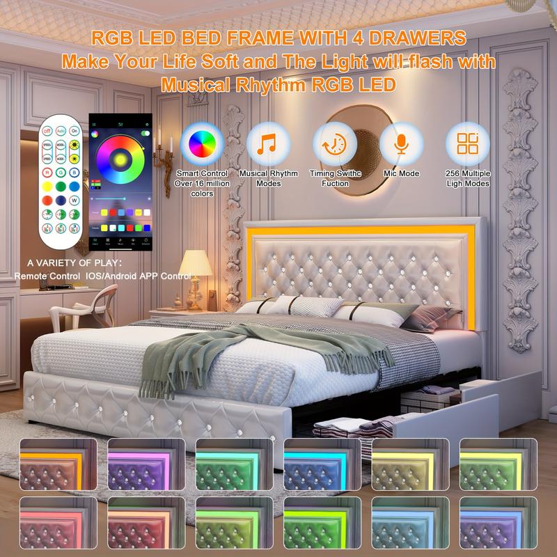 GEGOFORU Queen LED Storage Bed Frame with 4 Drawers, Smart RGBW LED Headboard with Remote Control, PU Upholstered Modern Platform Bed, Gray (Cama Queen con LED y Cajones)