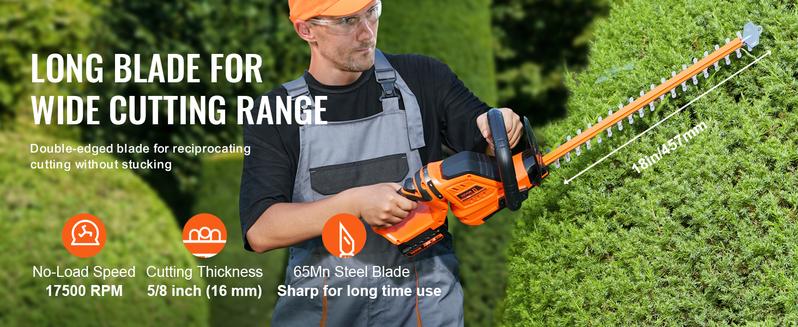 VEVOR 20V Cordless Hedge Trimmer, TikTokShopBlackFriday, 18 inch Double-edged Steel Blade, Hedge Trimmer Kit 20V Battery, Fast Charger, and Blade Cover Included, 180° Rotating Head