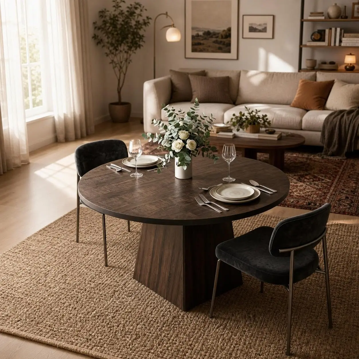 47 Inch Round Dining Table for 4-6 People, Wooden Pedestal Base Circle Table - Versatile for Dining Room Kitchen Living Room, Fits Farmhouse & Contemporary Decor