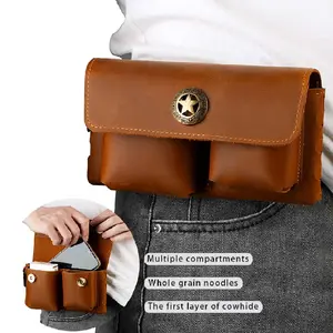 Men's Leather Waist Bag Phone Holder for Business Travel Everyday Commute Brown Leather Belt Bag Travel Accessory Sleek Accessory Durable Construction Multiple Pockets for Keys & Cards Travelers Business Accessory Modern Pouch Sturdy Construction