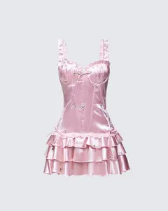Odelle Pink Embroidered Satin Ruffle Dress