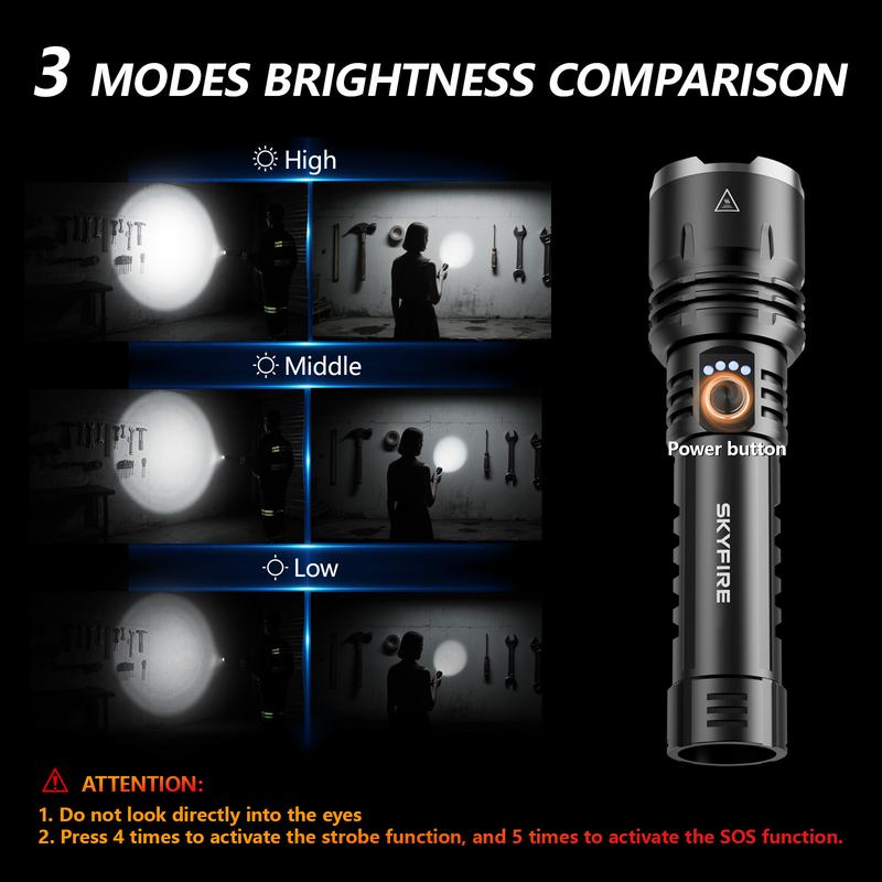 SKYFIRE 1376 LED Flashlight – High Lumen Rechargeable -Gathering Lens, Zoomable, 5 Lighting Modes, Ultra-Bright for Camping, Outdoor & Home Use