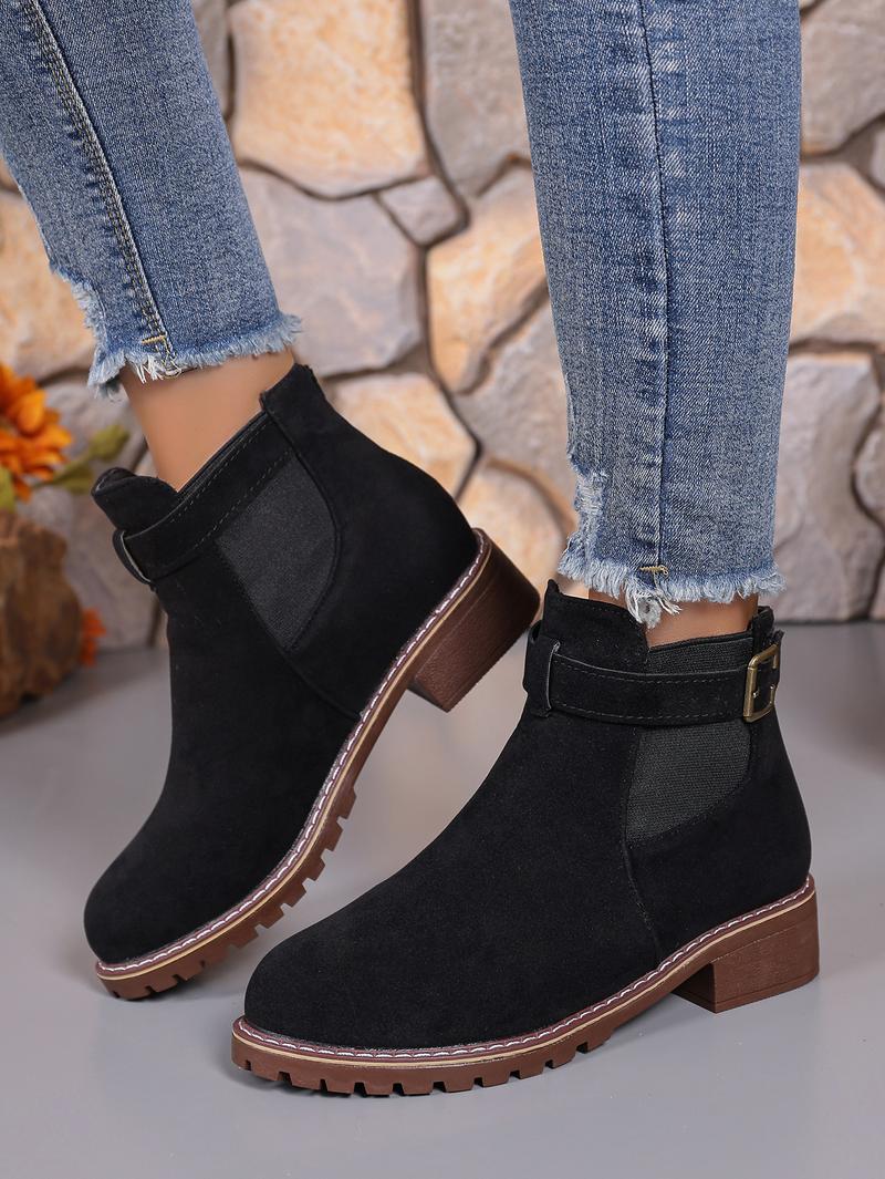 Women's buckle thick low heel anti slip thick sole fashionable ankle boots - round headed solid color short boots, suitable for winter and autumn, casual and formal wear