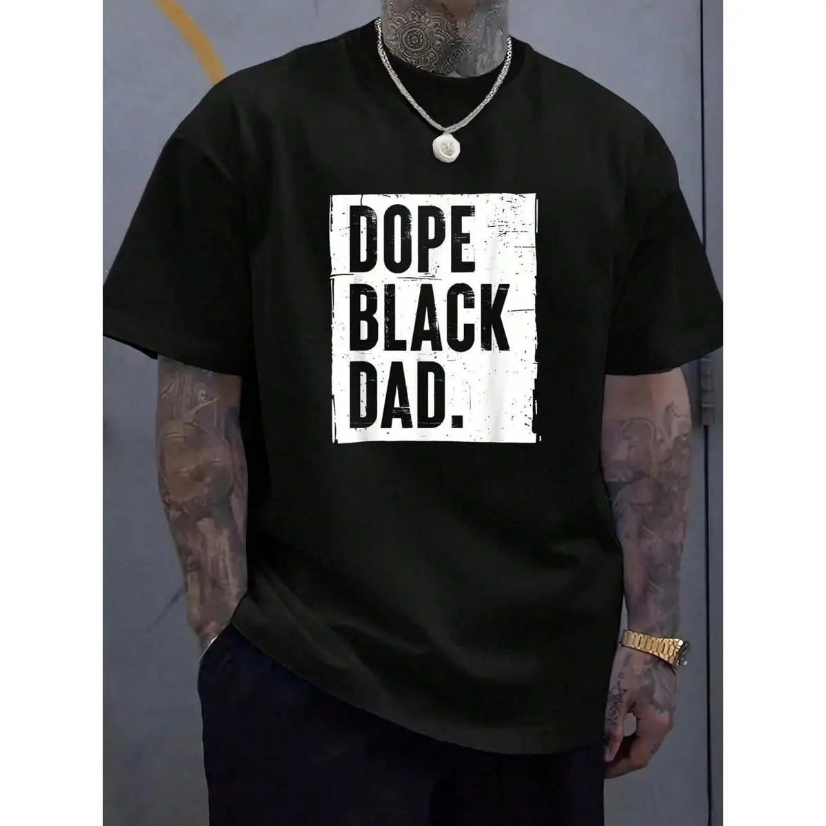 100% Cotton Dope Black Dad New Dad Fathers Day Gift African American Dad T-Shirt, Printed Graphic Tee For Men,  Summer Casual Short Sleeved Men's Tops T-Shirt