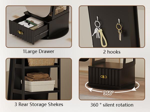 Miuvanity Round-Corner Design Full-Length Mirror with 360° Swivel & LED-Lit Features, Bottom Drawer Storage, Lockable Design living room decor