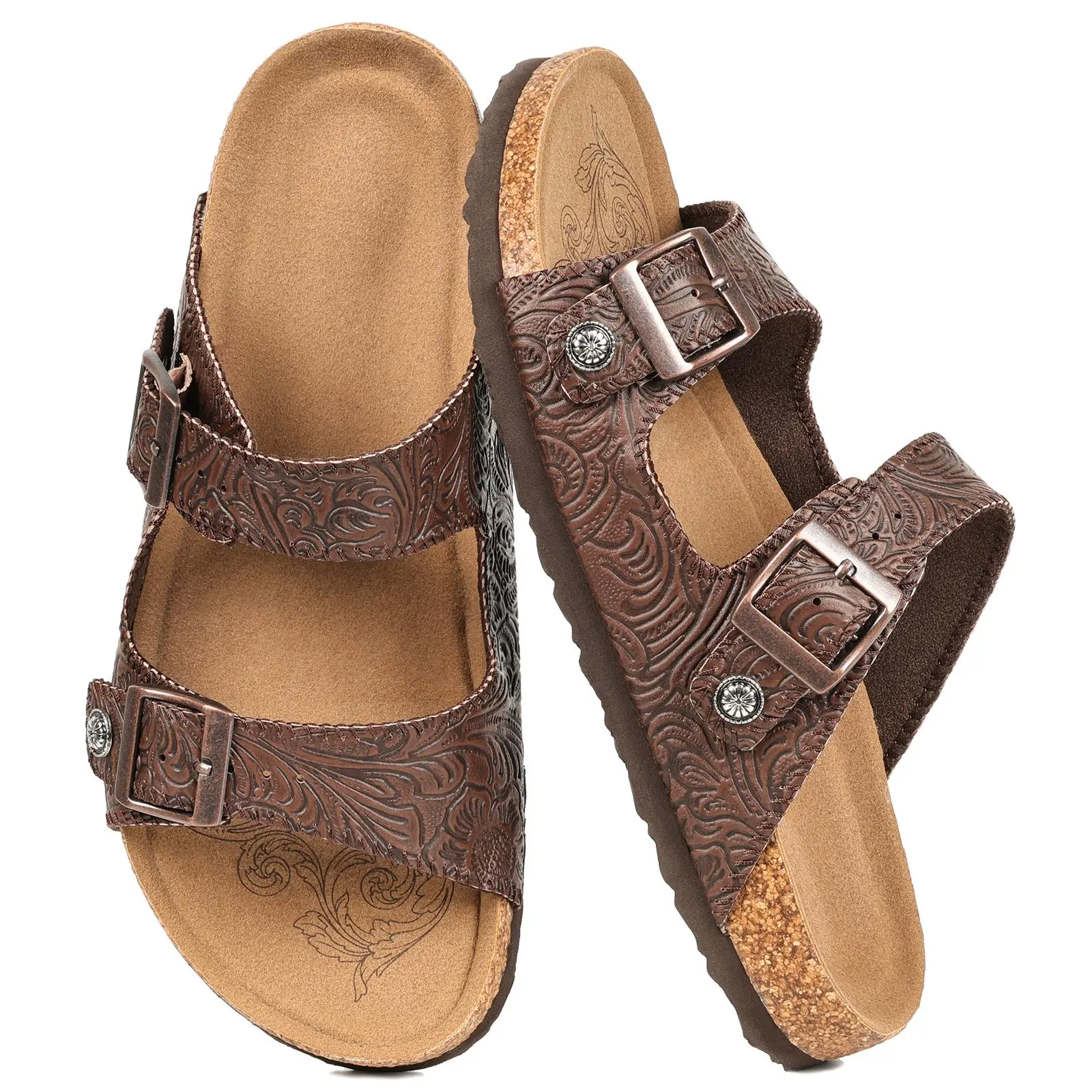 【2026 New Arrival】OOW Men's Cork Footbed Sandals Embossed Leather Pattern Double Adjustable Buckle Arch Support Slides Comfortable Non-Slip Summer Outdoor Beach Footwear