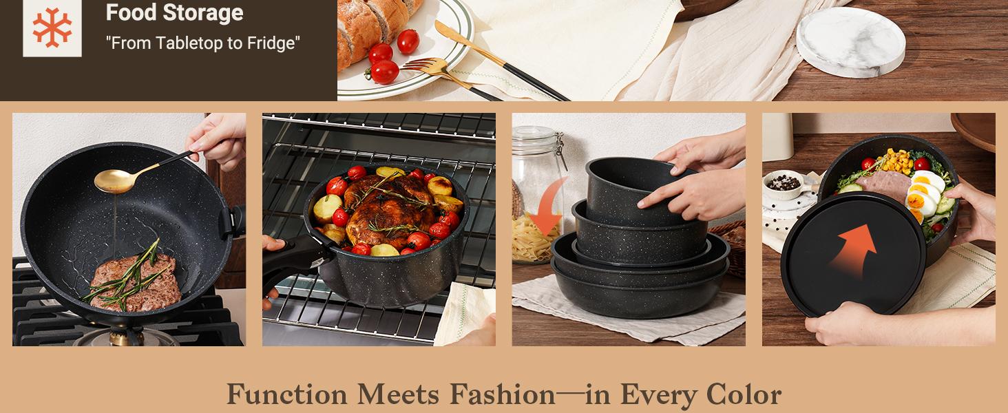 [NEW]15pcs Pots and Pans Set Non Stick, Cookware Sets with Detachable Handle, Nonstick RV Kitchen Cooking Set Removable Handles, Oven Safe,Stackable, Frying