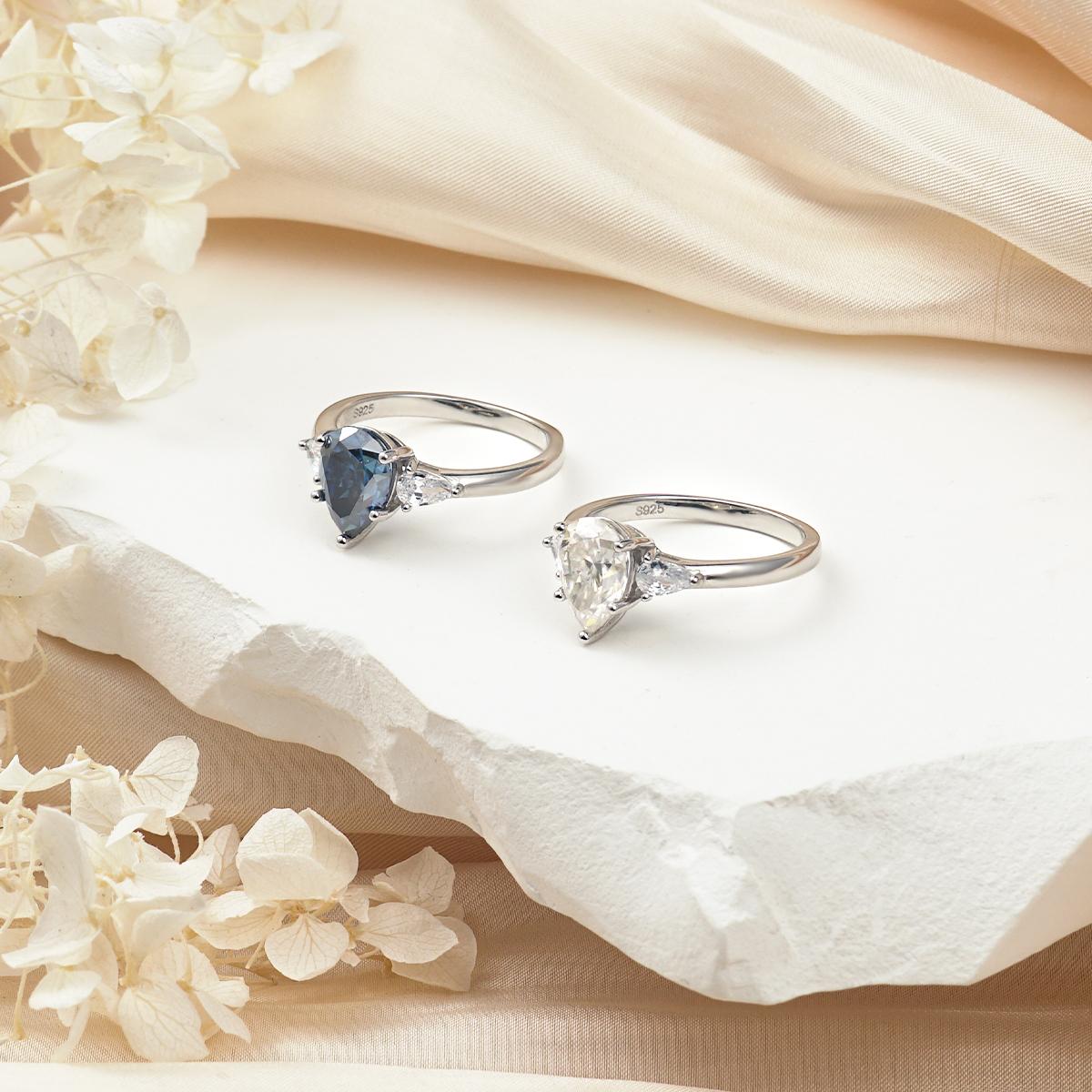 Delzzad 2ct Three Stones Ring Pear Synthetic Moissanite Ring Band In 925 Sterling Silver Christmas Gift