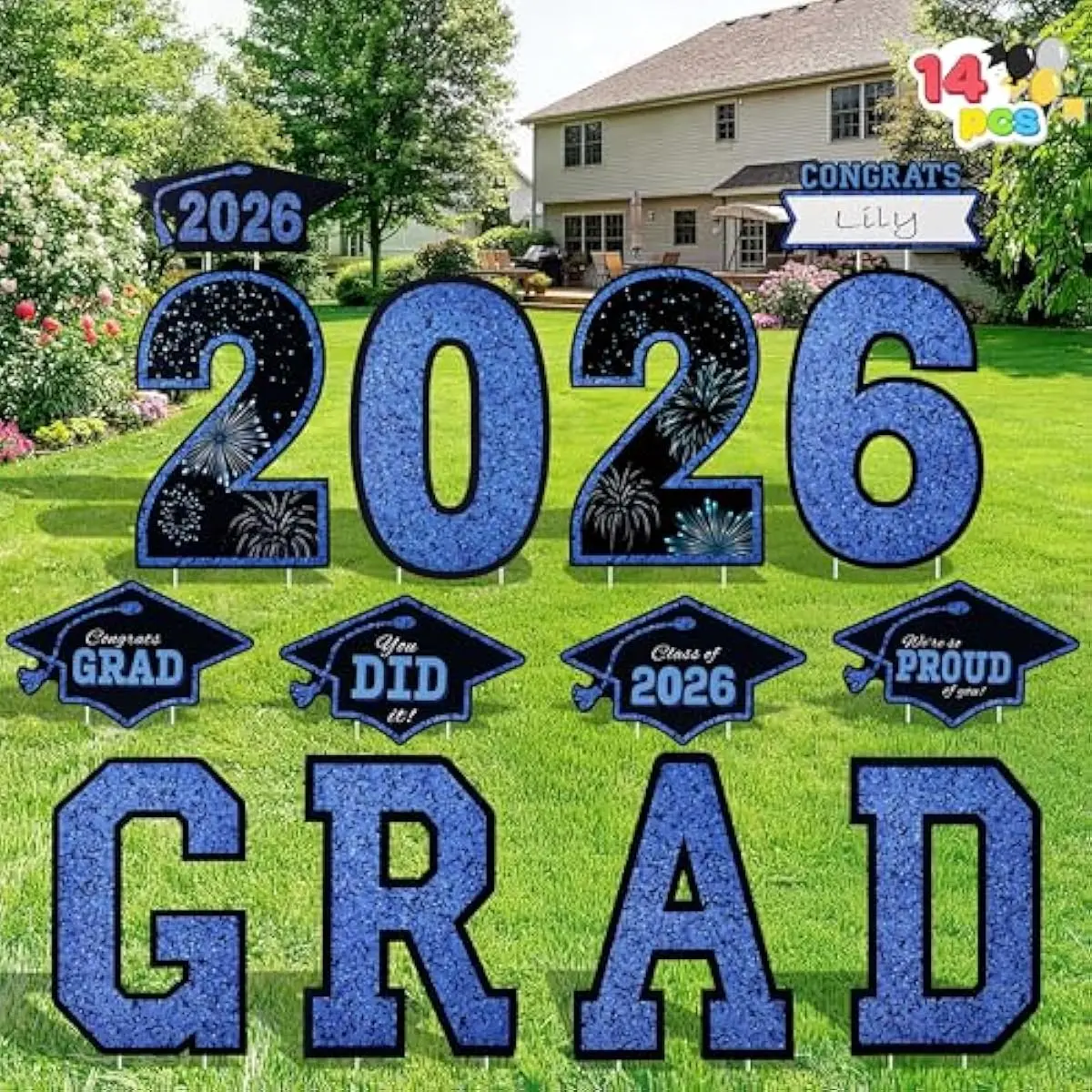 14 Pcs Graduation Yard Signs Class of 2026, Black & Blue Congrats Grad Yard Signs With 28 Stakes for graduation party decor, College High School Party Supplies, Graduation Party Welcome Sign