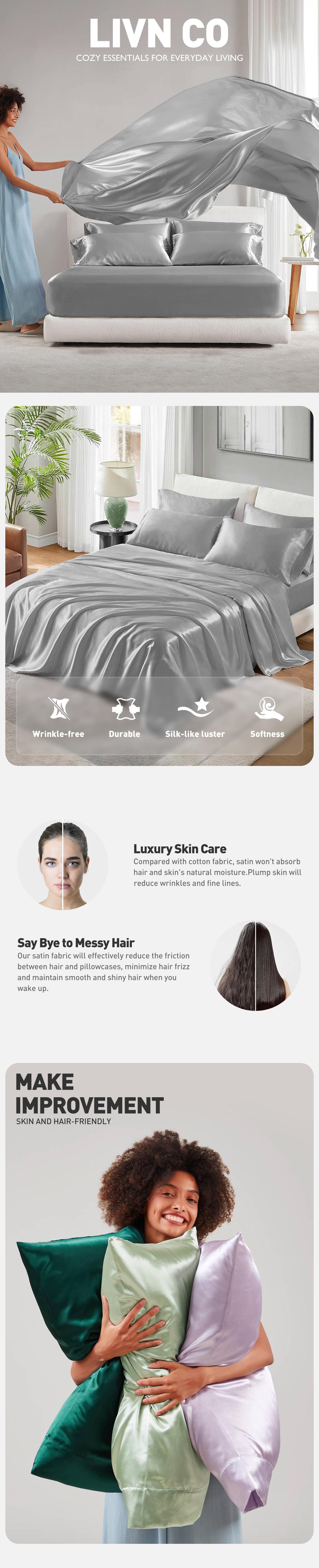 6 Piece Solid Color Satin Sheets Set (1*Flat Sheet + 1* Fitted Sheet + 4*Pillowcases), Luxurious And Silky With Natural Sheen 6 Piece Solid Color Satin Sheets Set (1*Flat Sheet + 1* Fitted Sheet + 4*Pillowcases), Luxurious And Silky With Natural Sheen