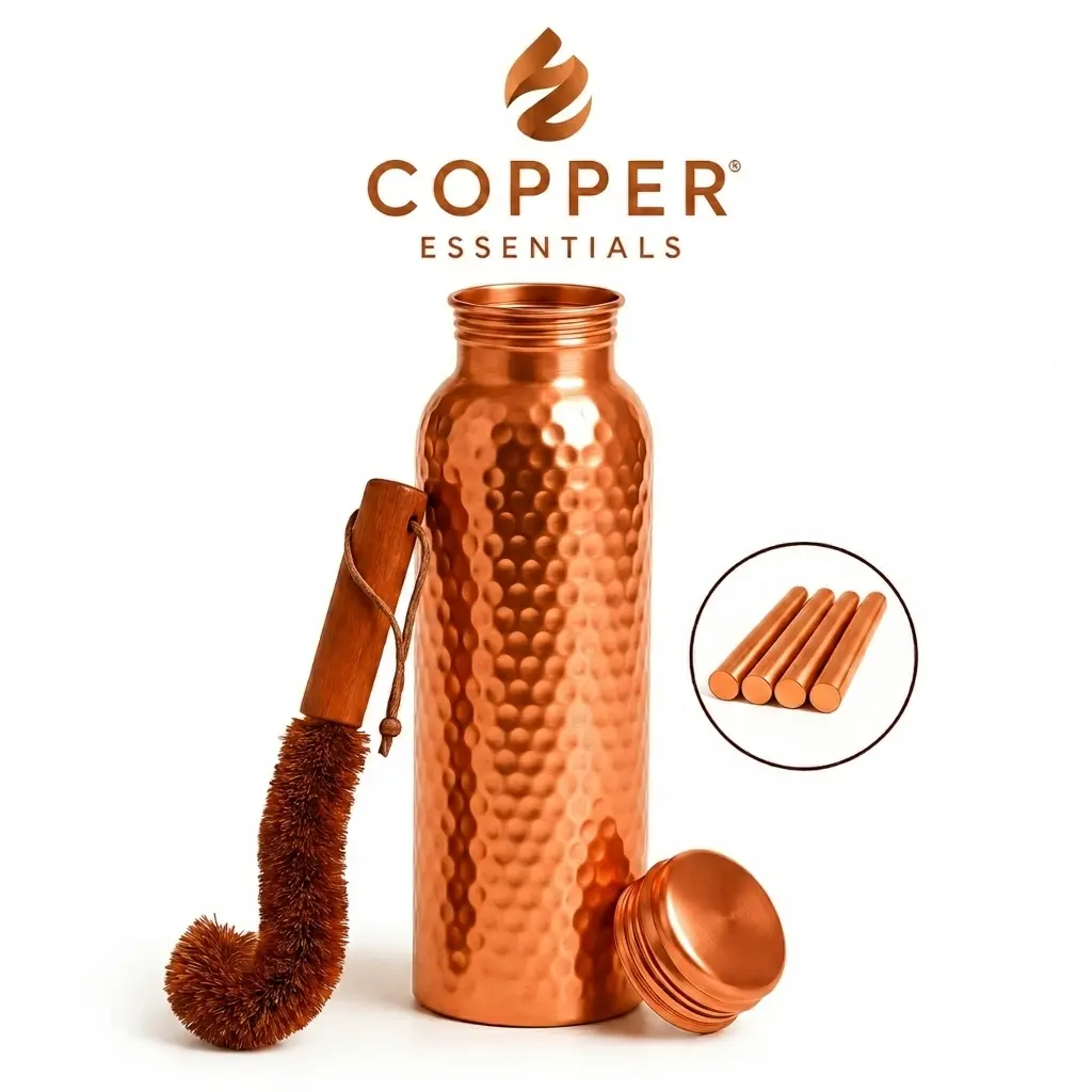 Copper 32oz Water Bottle - 100% Pure Copper, Heavy-Duty, Leak-Proof, Cleaning Brush Included, Ideal for Drinkware - Tumbler