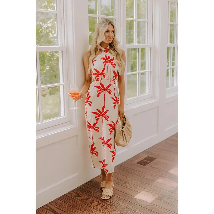 Palm Tree Paradise Halter Midi Dress