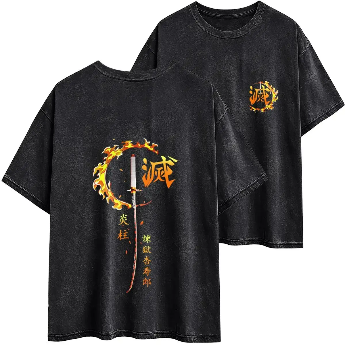 Demon Slayer Kyojuro Rengoku Graphic T-Shirt, Men's Vintage Distressed Print, Short-Sleeve Casual Streetwear Crew Neck in Cotton-Polyester Blend
