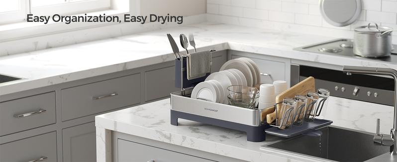 SONGMICS Large Dish Drying Rack, Premium Stainless Steel Dish Rack with Rotatable Spout, Fingerprint-Resistant Dish Drainers for Kitchen Counter