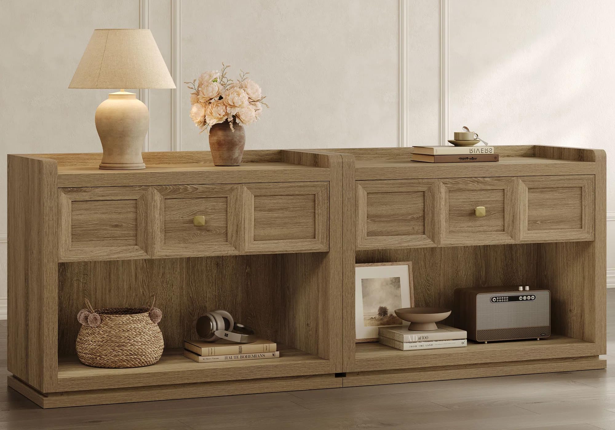 SICOTAS 31" and 26” Wide Nightstands Set of 2, Large Night Stands with Drawer, Oversized King Size Nightstand Bedside Table for Bedroom, Farmhouse End Side Table Set of 2 with Round Corners,Grey White Oak,Durable and Sturdy