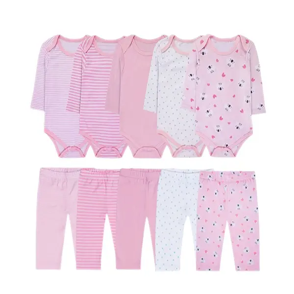 JY.COZY FOR BABY Girl Boy Clothes Unisex 10 pieces Set Pink Pure Cotton 5 LongSleeve Romper onesie 5 Pants Infant outfit Soft footie Breathable Newborn Homewear Comfortable pajamas Newborns Cloth Baby Stuff Onesie Roomy Fit Stylish Cute Design Gift Newmom