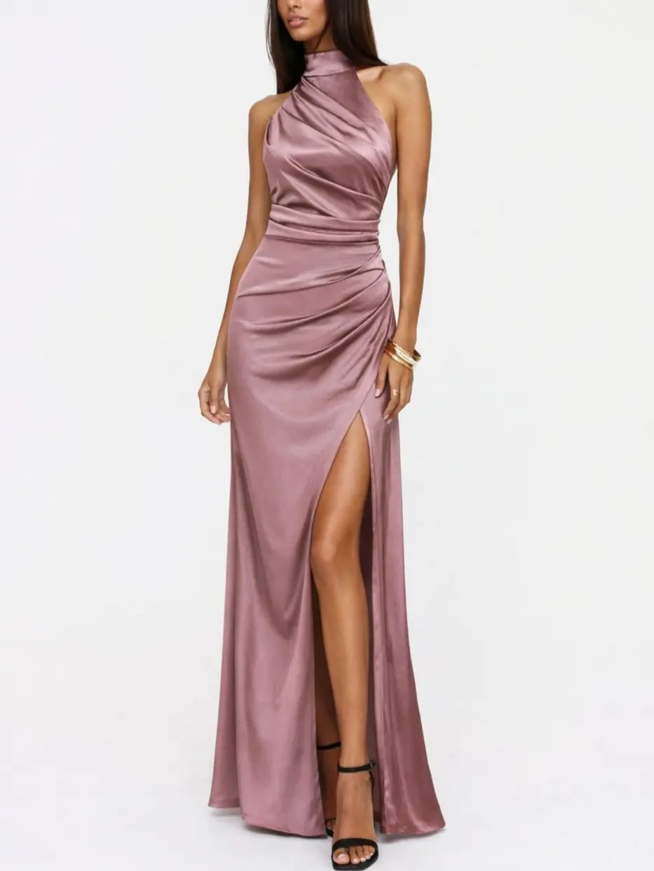 ROSEGALETTE Women's Formal Haltered Neck wedding guest dresses Sleeveless Ruffle Ruched Maxi satin bridesmaid dress grad dresses Graduation Party, formal dresses for women backtoschoolshopping
