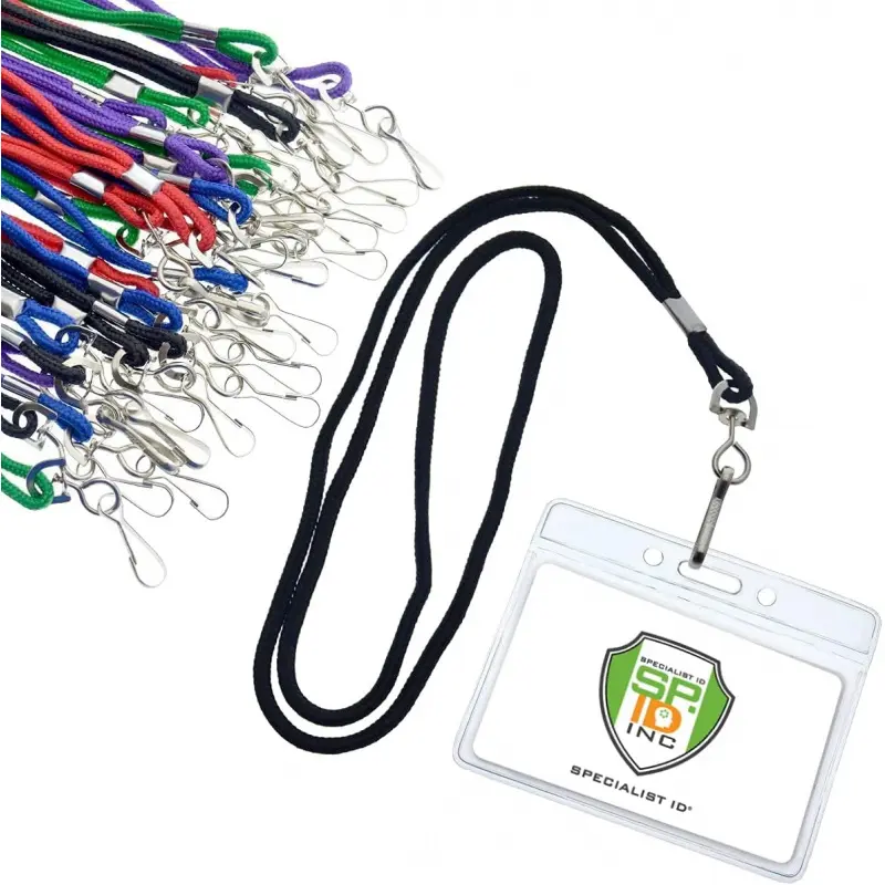 25 Pack - Premium Name Tag Badge Holders with Lanyards - Reusable Horizontal Clear Plastic Card Pouch and Lanyard Holder for School