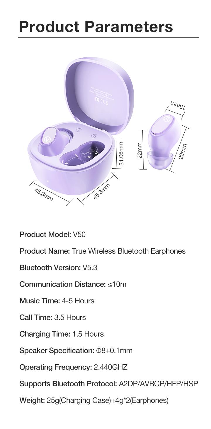 Aolon V50 TWS Earphones Bluetooth 5.3 Wireless Earphone with Noise Cancelling & Microphone Audio Silicone Earbuds for Stable Connection & Long Battery Life