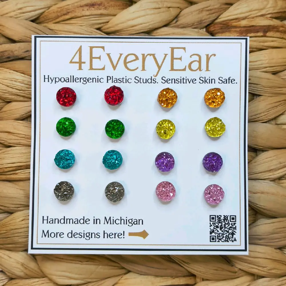 Dainty Druzy Earrings Rainbow Set | Hypoallergenic Plastic Posts, Ultra Lightweight Waterproof, Glue-Free, Flexible Posts, Rubber Backs