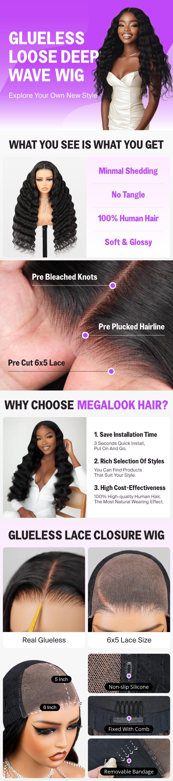 Megalook 13x4 Loose Deep Wave Wigs Glueless 6x5 Transparent Pre Cut Lace Front Wig 100% Human Hair Pre Plucked Natural Black For Women Beginners Friendly