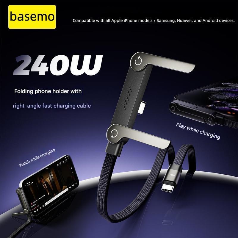 Basemo 240W Super Fast Charging Cable with Adjustable Stand, Universal Compatibility for iPhone & Samsung Type-C Devices. The All-in-One Charging & Viewing Solution for Gaming, Office, Car Travel & Daily Use.