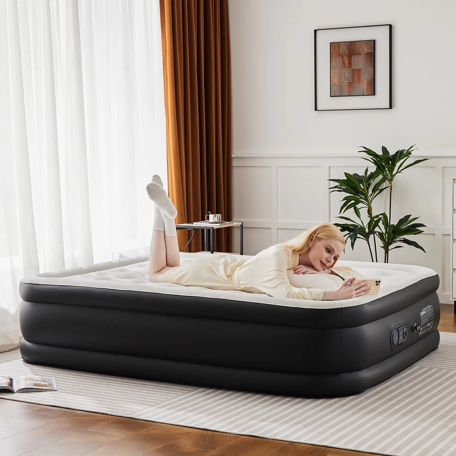 Sweetcrispy Deluxe Comfort-Plush Camping Mattress, Inflatable Travel Bed with Built-in Pump & Dura-Beam Support, 660 lbs Capacity for Guests, Camping Mattresses, Blow Up Bed, Self Inflating Bed