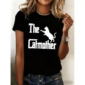 CatMother Women's & Unisex 180g 100% Cat Mom T-Shirt - Casual Loose Fit Short Sleeve Round Neck Tee with "Cat Mother" Print, All-Season Black Shirt for Cat Ladies & Dads Gift