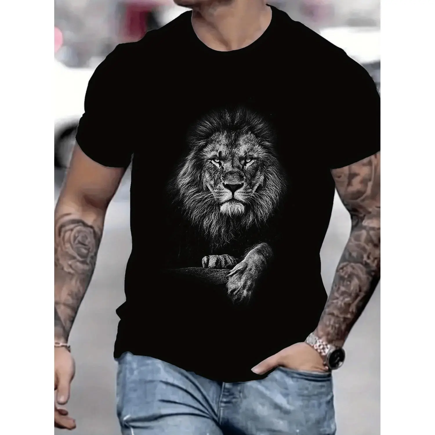 Summer New Black Lion Print T Shirt Men Casual Comfortable Breathable Short Sleeve Round Neck Hot Selling