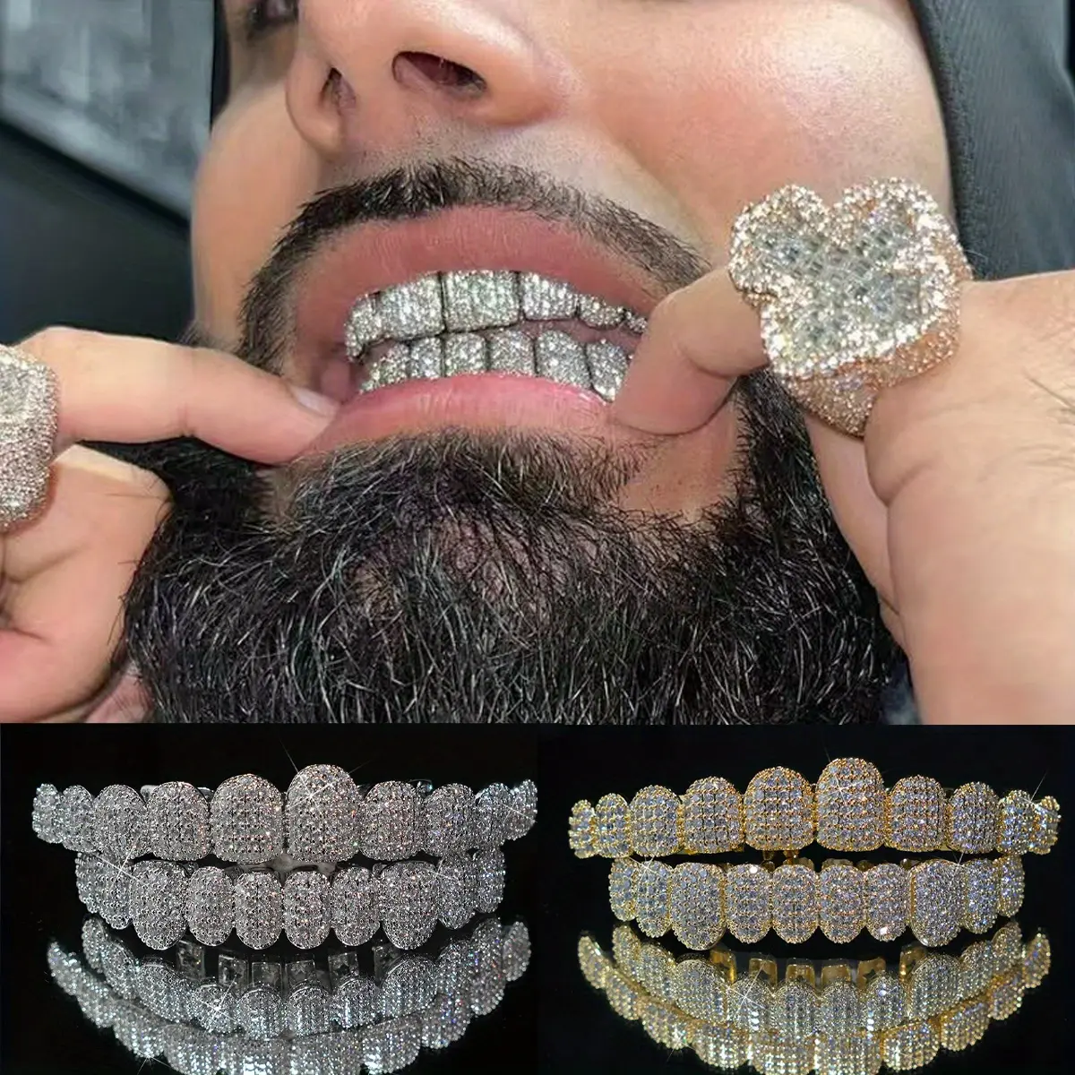 Hip Hop Glittering Cubic Zirconia Grillz 2-Piece Set - 20pcs Top & Bottom Oral Accessories for Rappers, Cosplay (Sports & Outdoor Trophies, Medals & Awards Accessory)