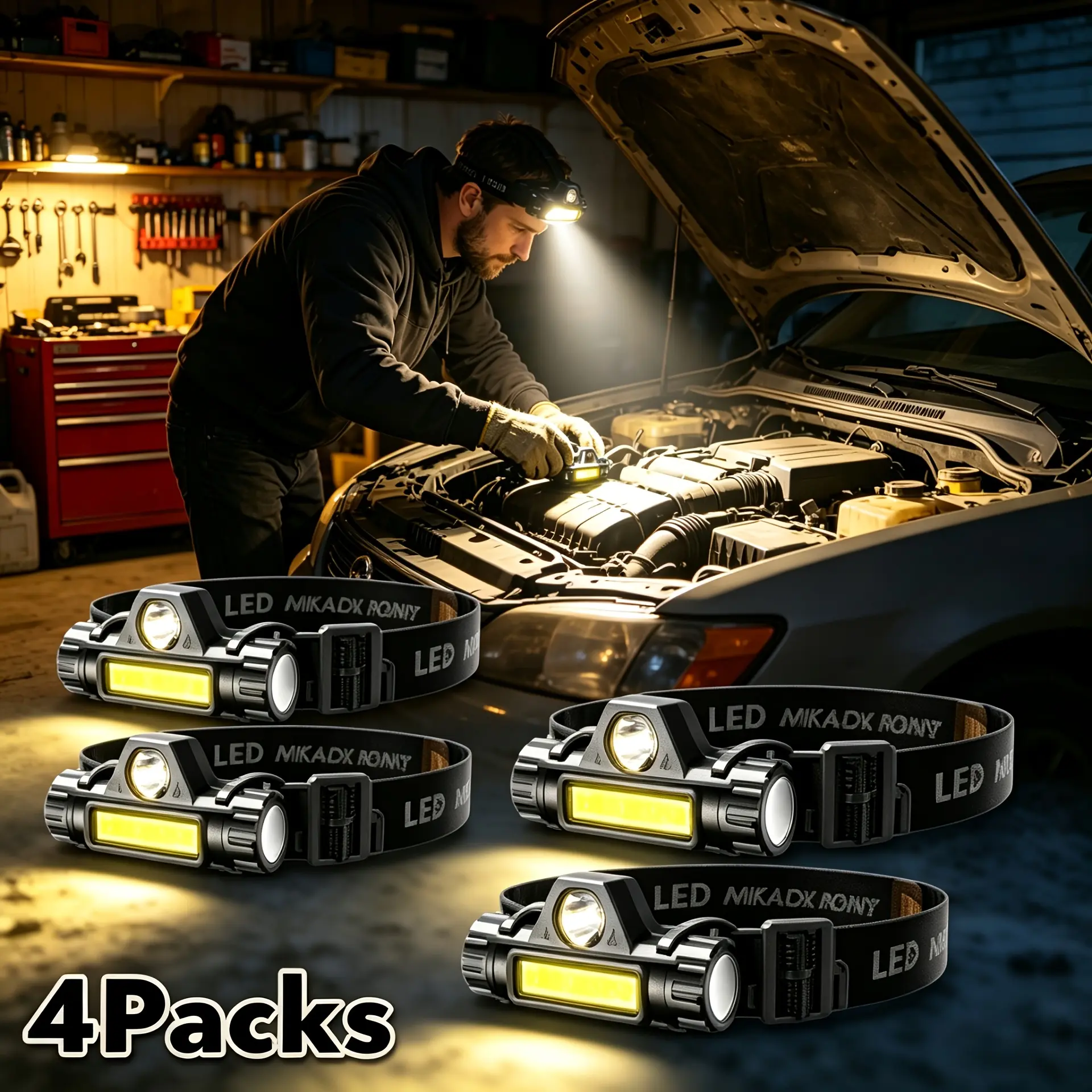 4-Pack COB Rechargeable LED Headlamps for Adults - Headband, Helmet Mount, Clip-On Design, Adjustable Magnetic Base, Hands-Free, Ultra-Bright Long-Lasting, Batteries Included, for Outdoor Activities, Home Emergencies, Hiking/Cycling