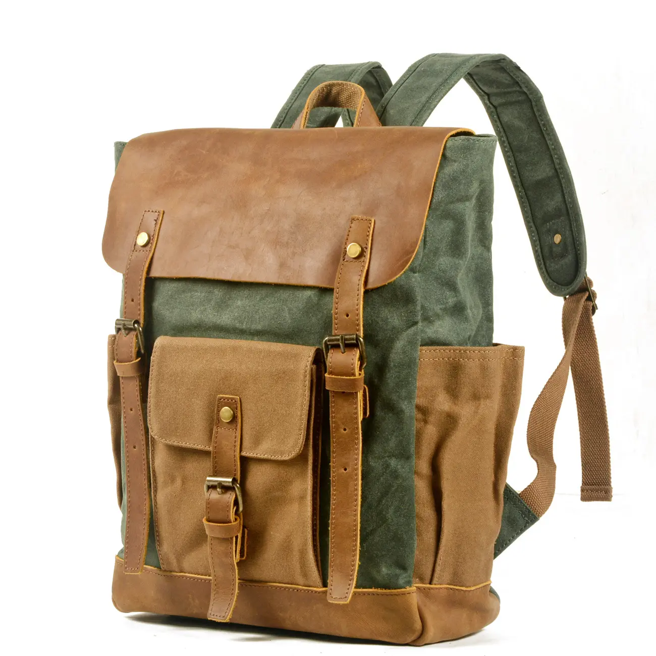 Vintage Waxed Canvas Backpack with Crazy Horse Leather, Men's Retro Look Travel Bag, Water-Resistant and Shockproof for Laptop, Hiking & Adventure, Hiking Backpacks